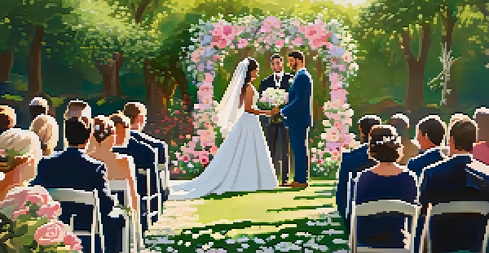 An outdoor wedding ceremony in a lush garden with a decorated altar, guests in elegant attire, and sunlight filtering through the trees.
