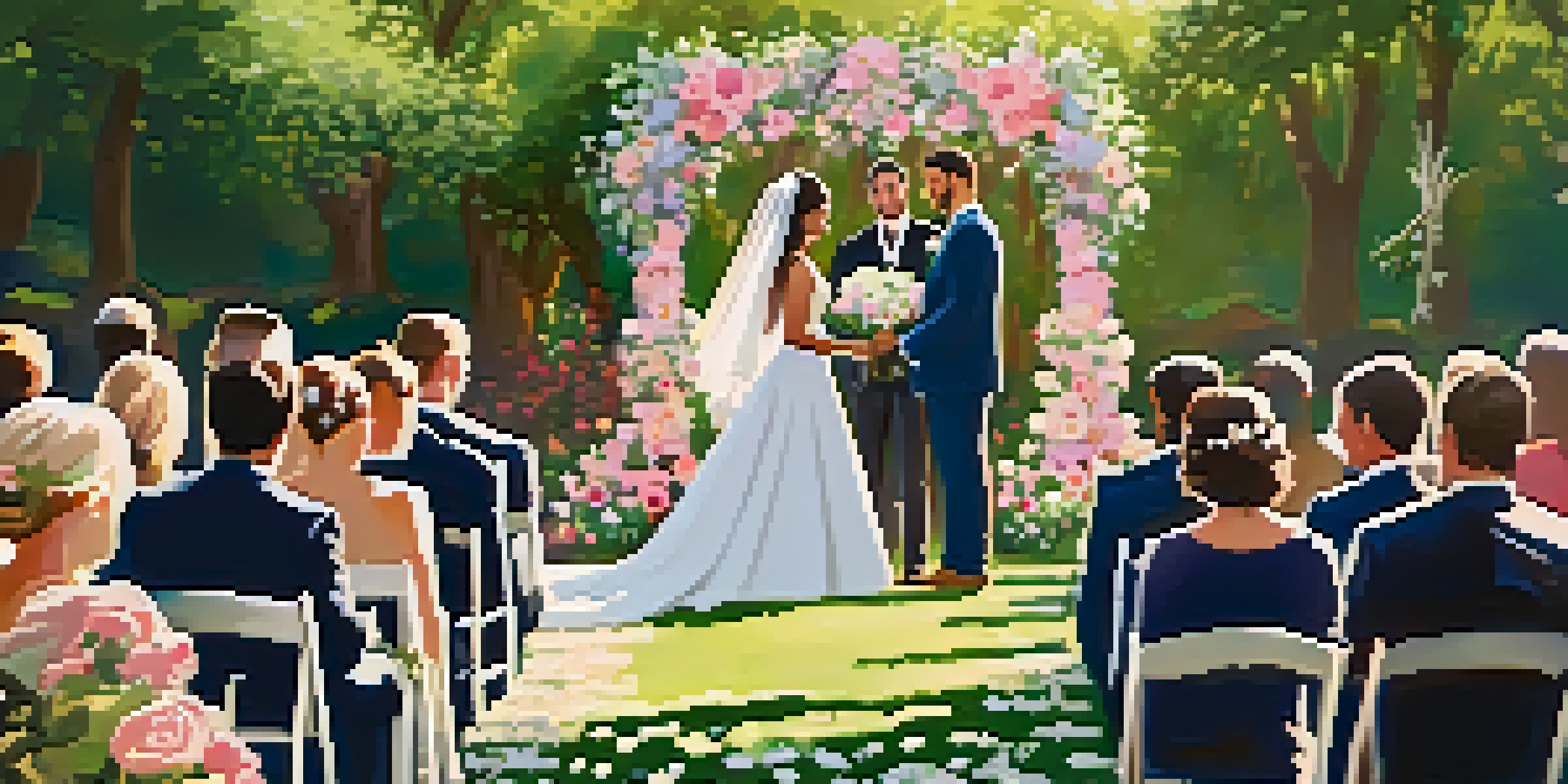 An outdoor wedding ceremony in a lush garden with a decorated altar, guests in elegant attire, and sunlight filtering through the trees.