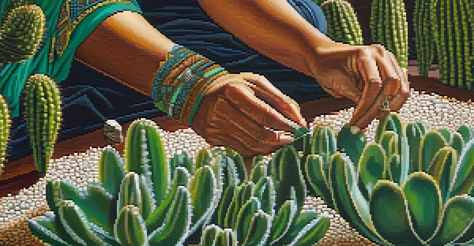 A woman's hands slicing peyote cactus, showcasing its vibrant green texture, with ceremonial artifacts blurred in the background.