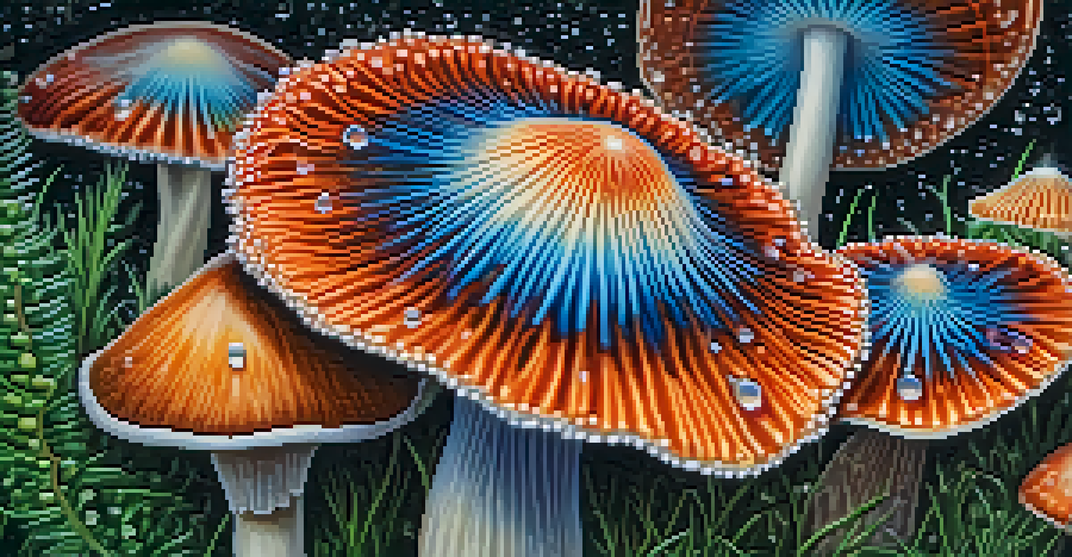 A close-up of a colorful psilocybin mushroom with droplets of dew, highlighting its unique textures.