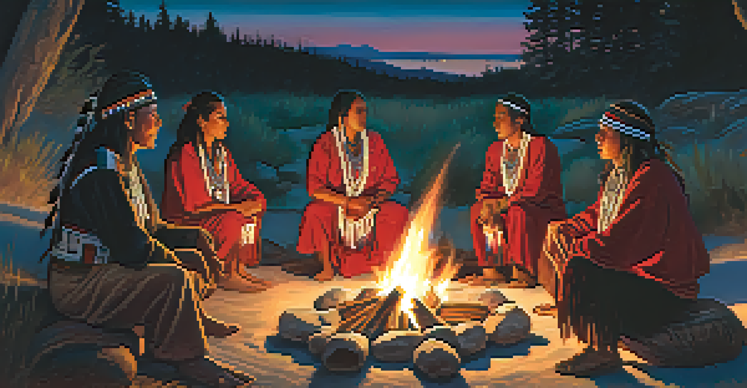 A traditional Native American ceremony at night with participants gathered around a fire, surrounded by a starry sky.