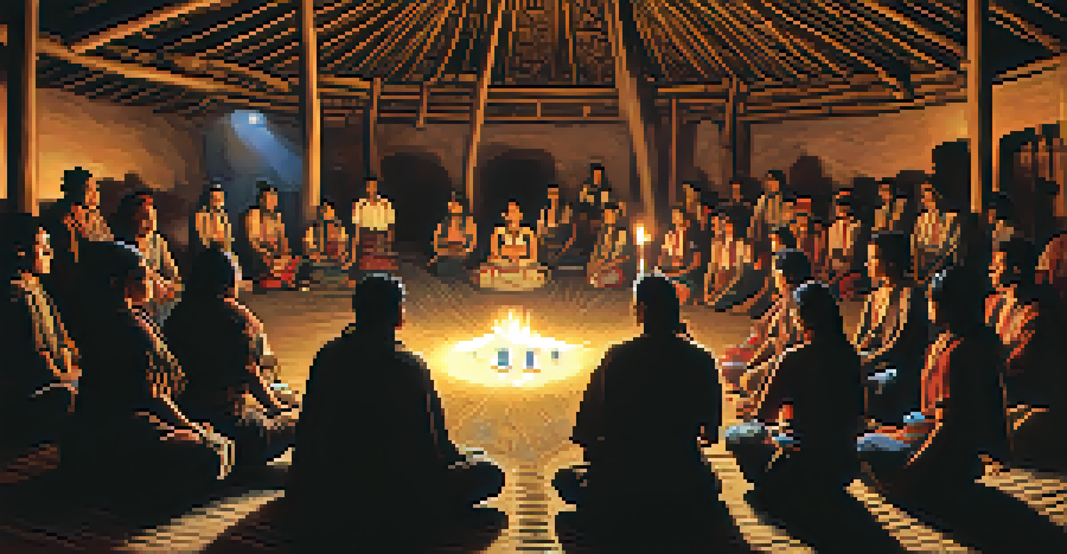 A ceremonial gathering in a longhouse with participants seated in a circle, illuminated by candlelight, with peyote at the center.