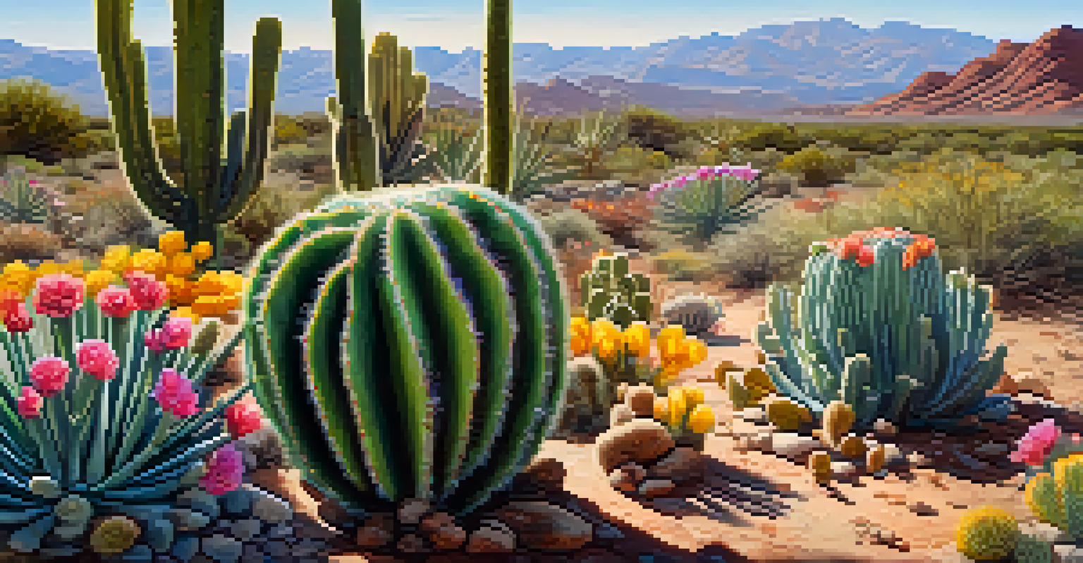 A close-up view of a peyote cactus with colorful desert flowers in the background under bright sunlight.