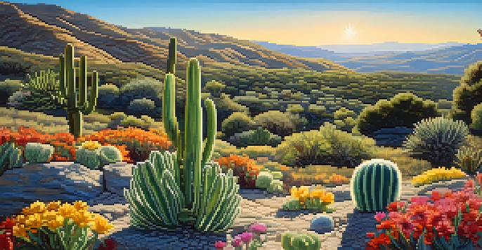 A small peyote cactus in a colorful wildflower field under a clear sky, with sunlight illuminating the scene.
