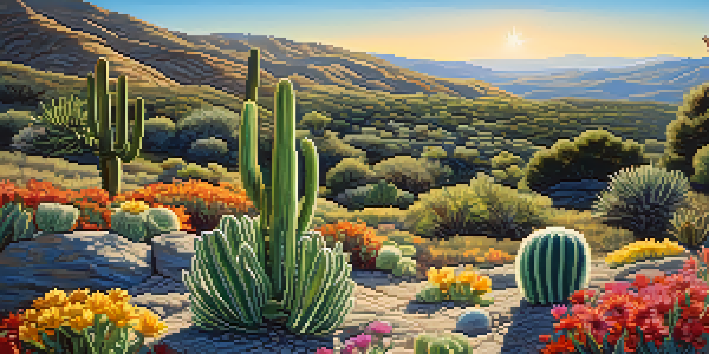 A small peyote cactus in a colorful wildflower field under a clear sky, with sunlight illuminating the scene.