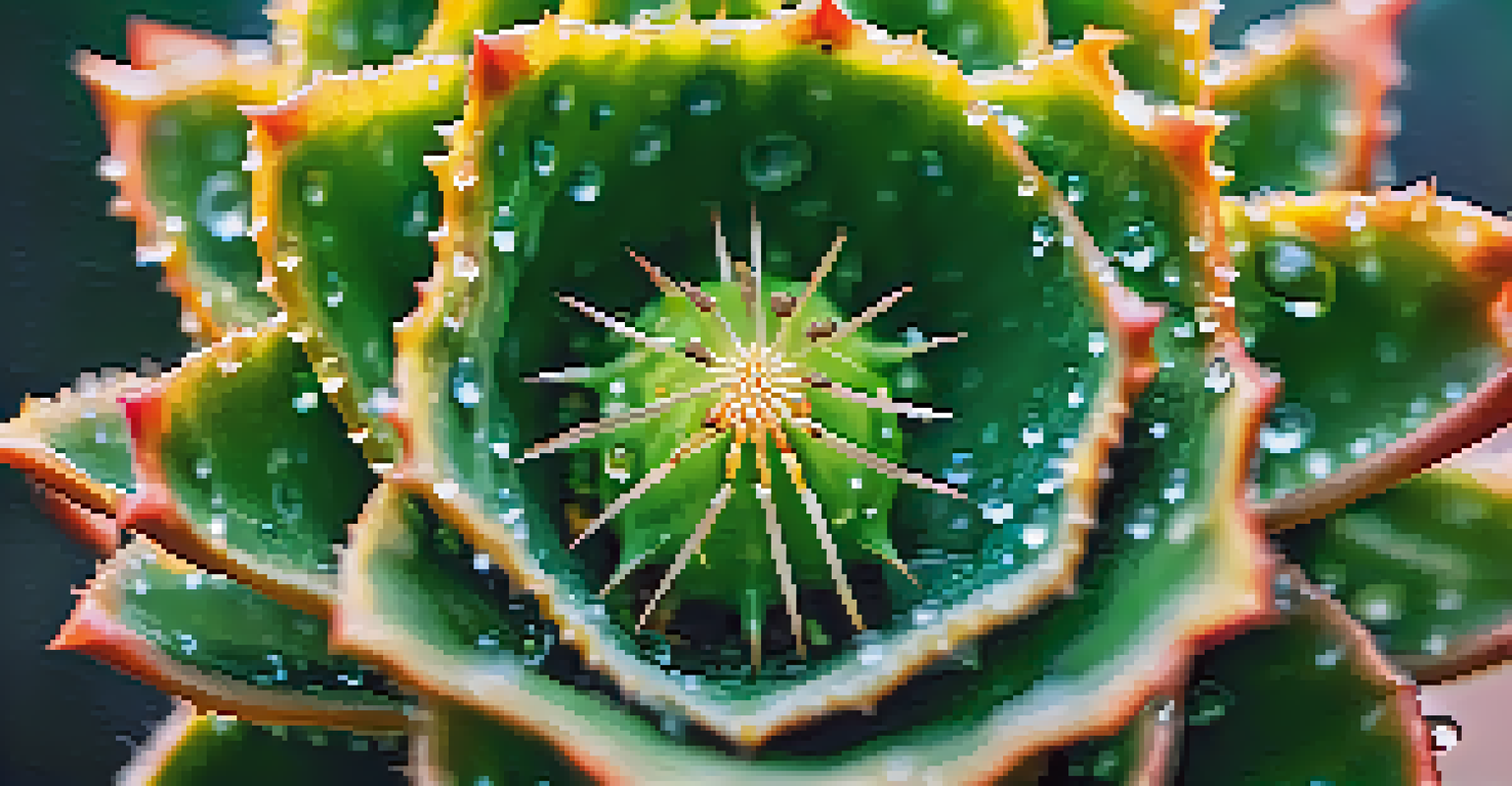 A detailed close-up of a peyote cactus with raindrops on its surface, surrounded by a lush desert environment and soft sunlight.