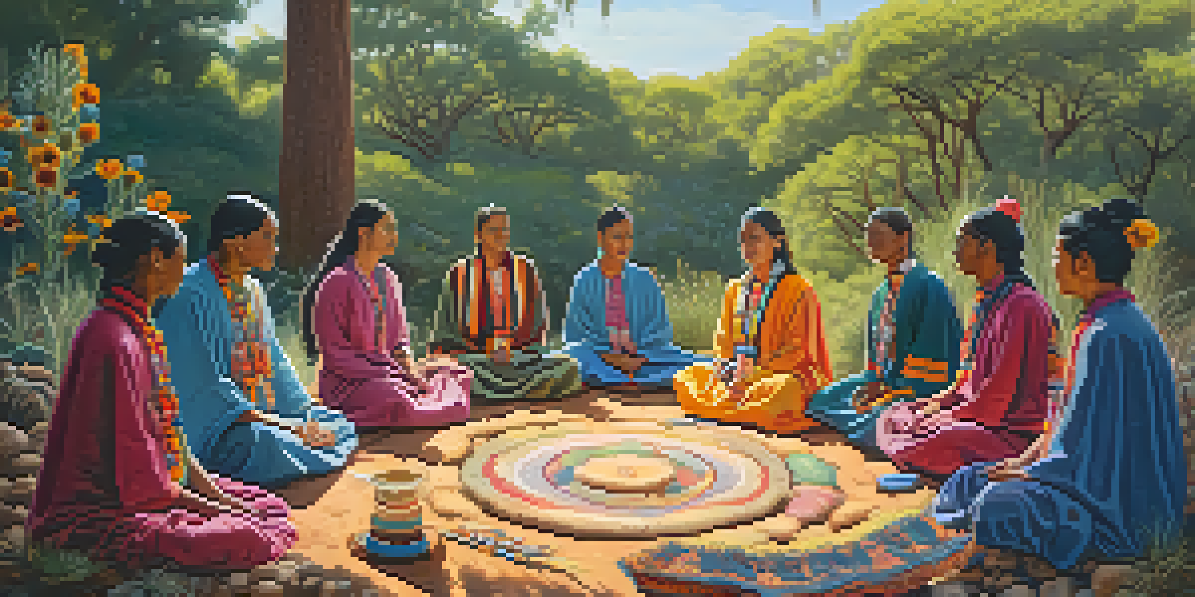 A peaceful outdoor setting showcasing a traditional Peyote ceremony with participants in colorful clothing around a central altar of Peyote cacti, surrounded by greenery and sunlight.