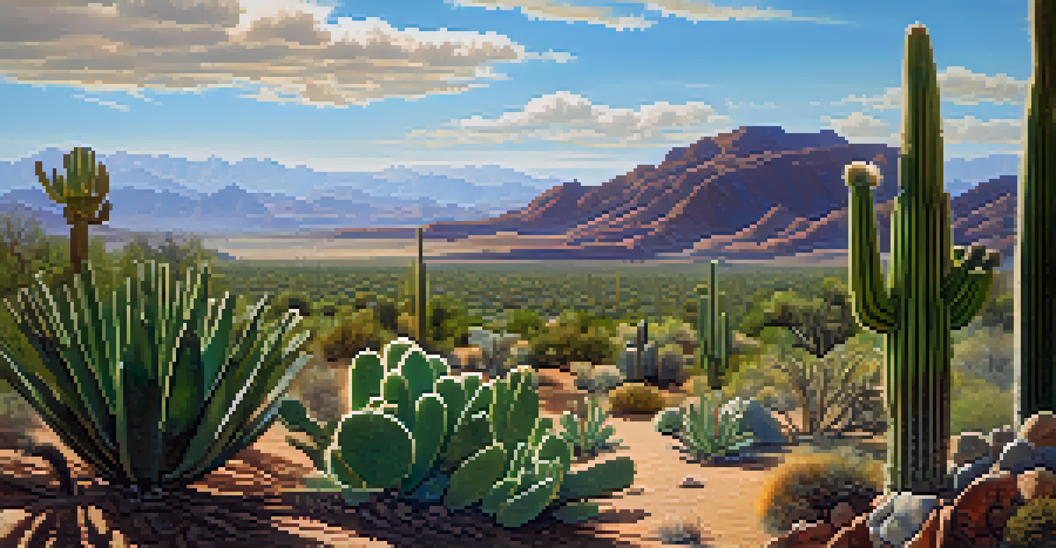 A vibrant desert landscape showcasing peyote cacti in their natural habitat with mountains and blue sky.