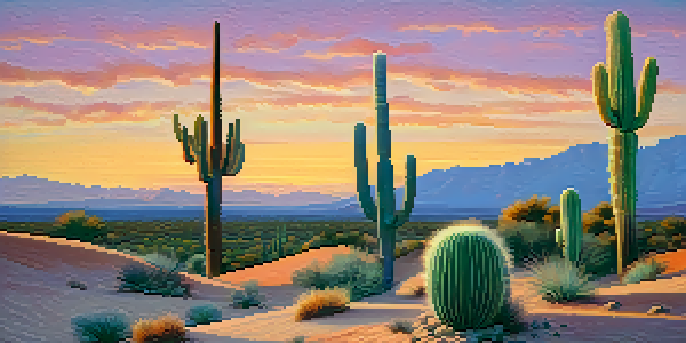 A tranquil desert scene at sunset with peyote cacti, warm sky colors, and textured sandy ground.