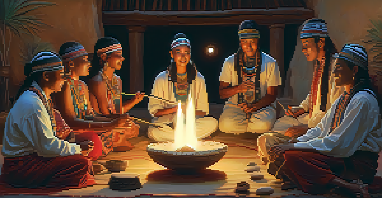 Participants joyfully singing and drumming during a Peyote ceremony, surrounded by symbolic artifacts and soft candlelight.