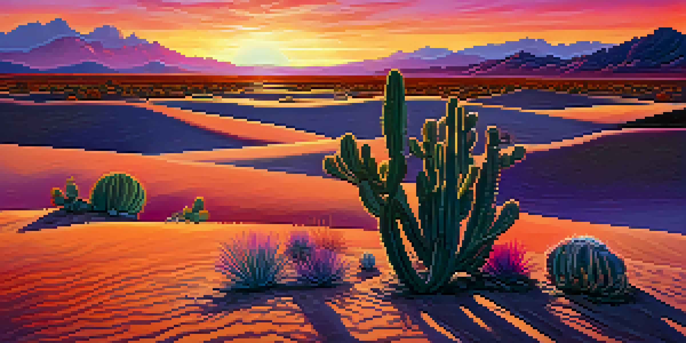 A calm desert scene with a peyote cactus in the foreground and a colorful sunset sky.