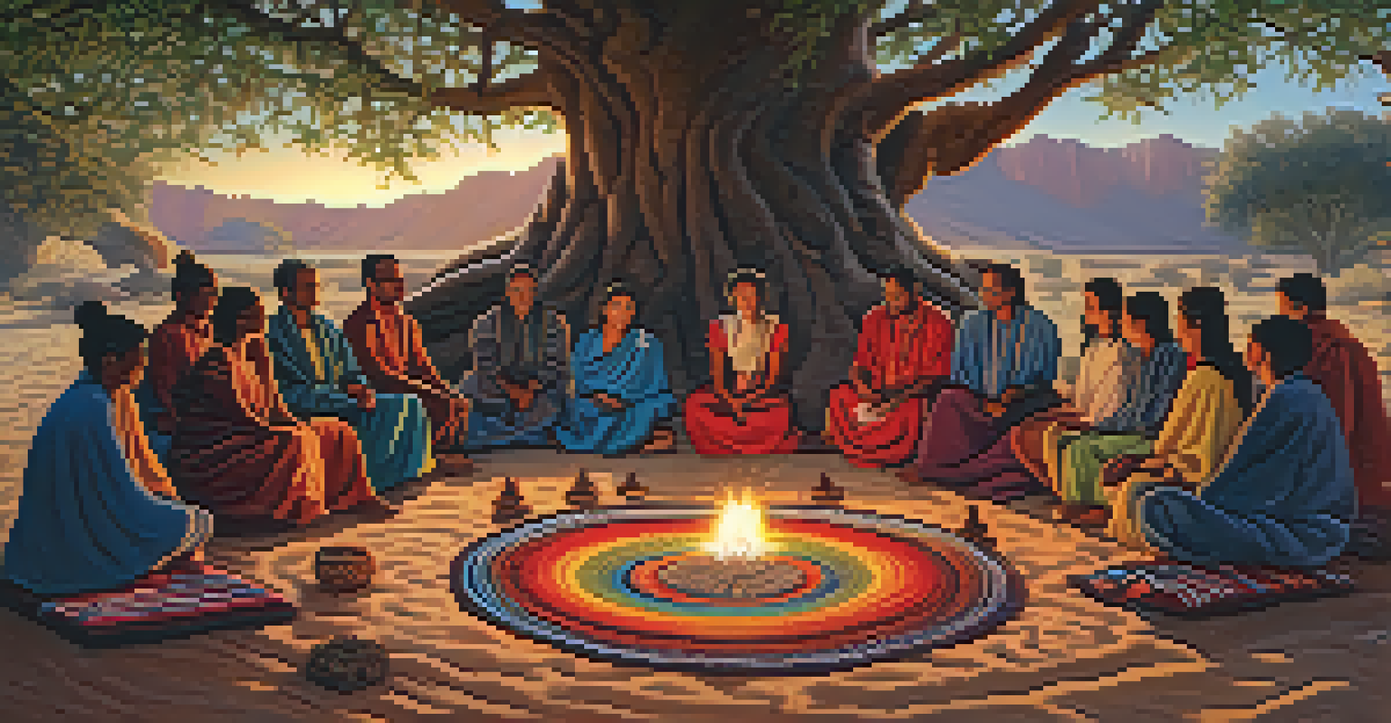 A group of people in a Peyote ceremony, sitting on blankets under a tree with candles and artifacts.