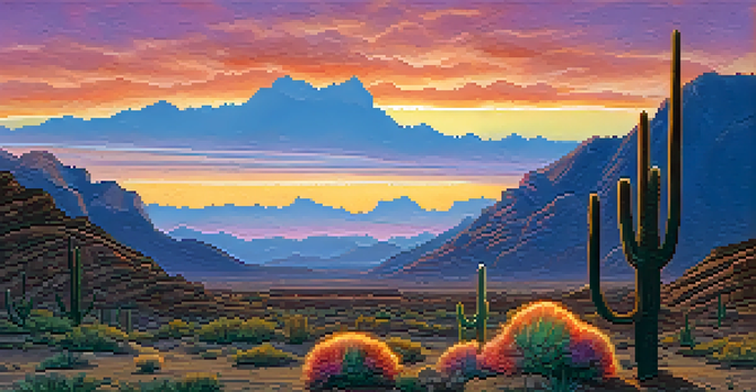 A peaceful desert scene with a small peyote cactus in the foreground during sunset, showcasing vibrant colors in the sky.