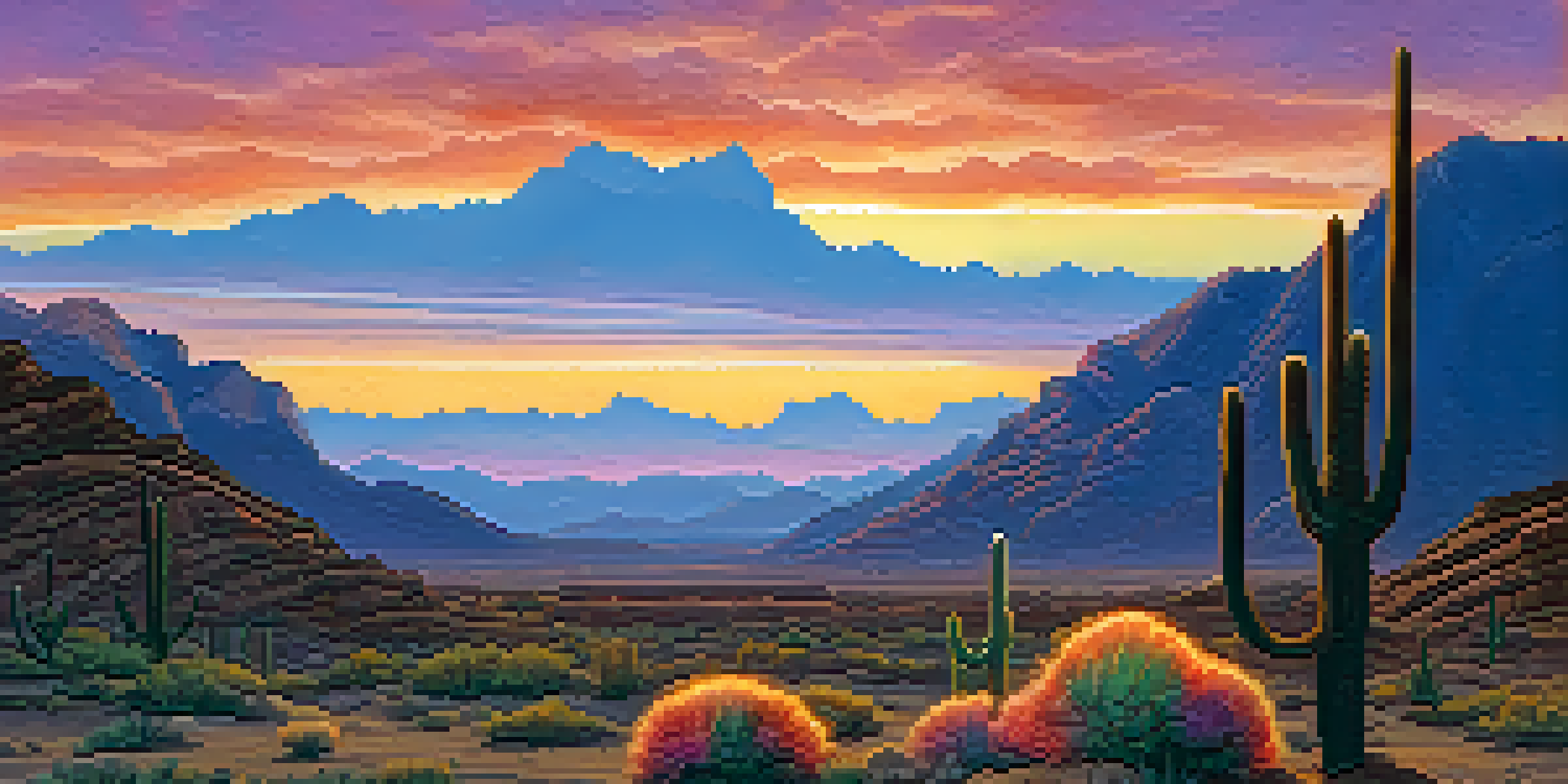 A peaceful desert scene with a small peyote cactus in the foreground during sunset, showcasing vibrant colors in the sky.