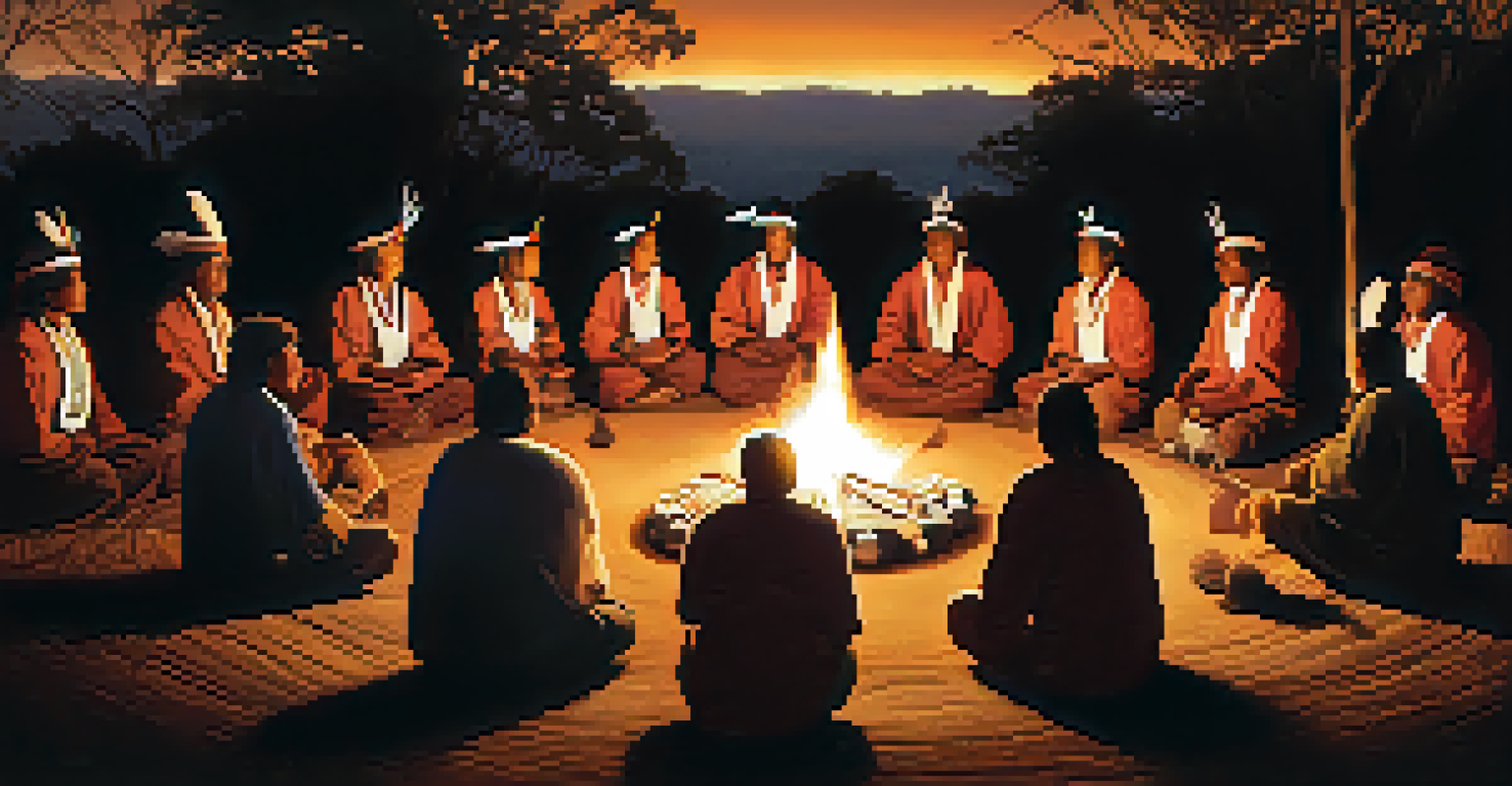 A nighttime ceremony with a circle of people around a fire, surrounded by stars and traditional decor, capturing a sense of unity and spirituality.