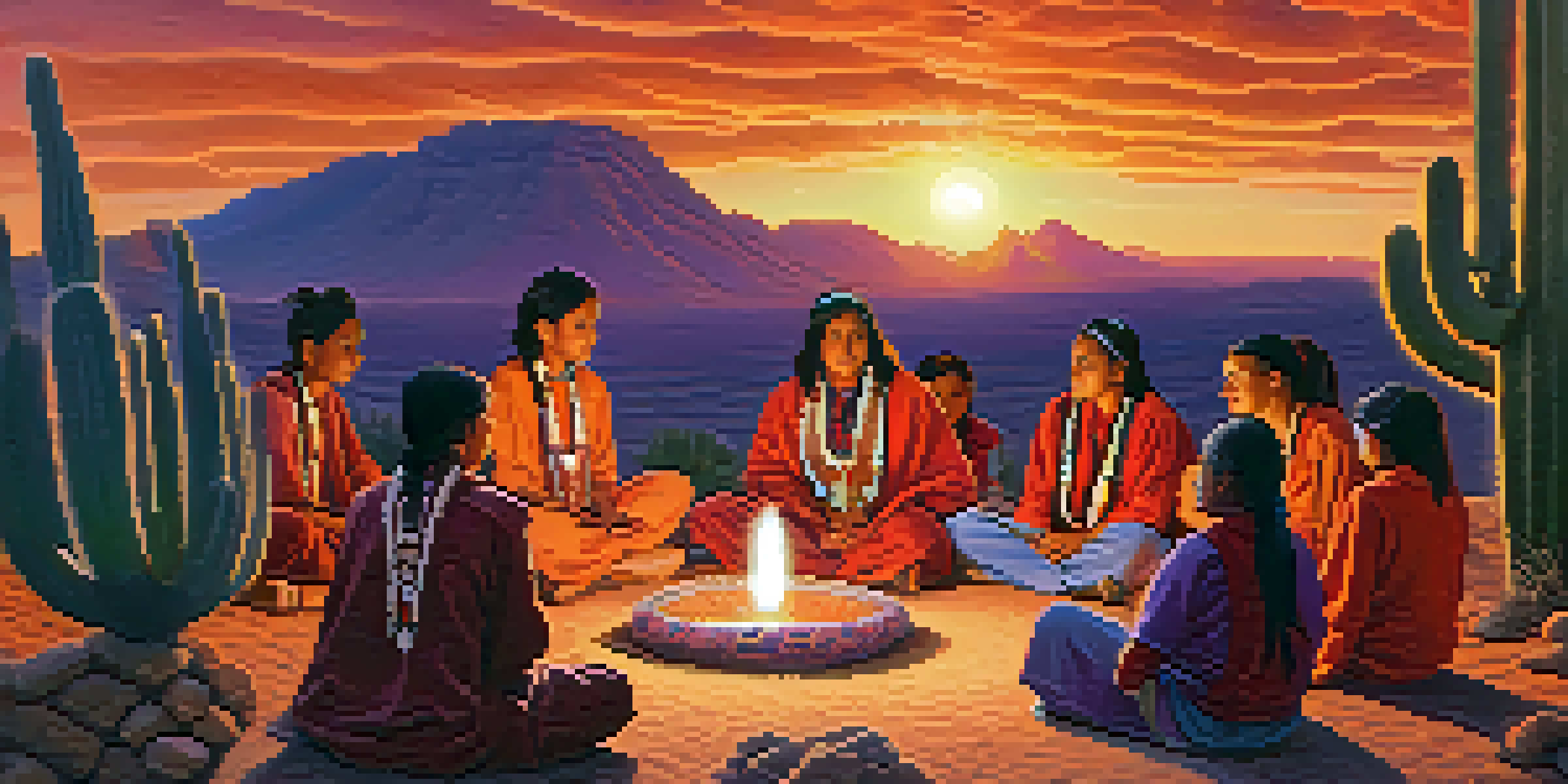Indigenous youth in a peyote ceremony, sitting in a circle with elders amidst a colorful sunset over desert landscapes.