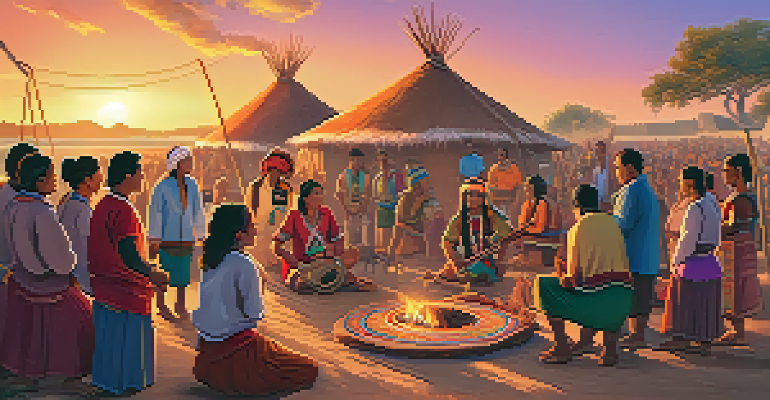 An Indigenous community gathering with participants in colorful attire sharing stories and music, set against a warm sunset background.