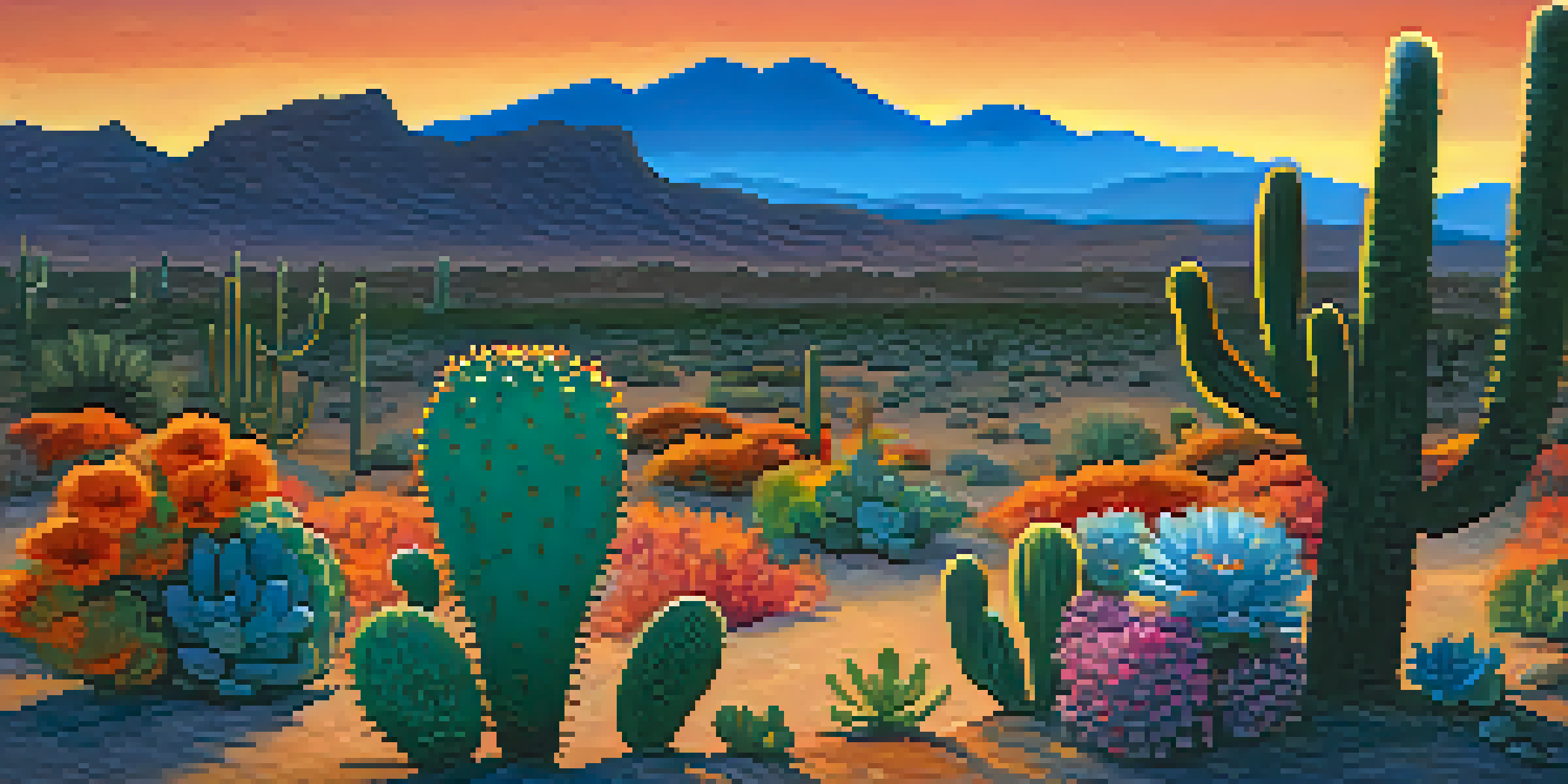 A peaceful desert scene at dusk featuring colorful peyote cacti under a twilight sky.