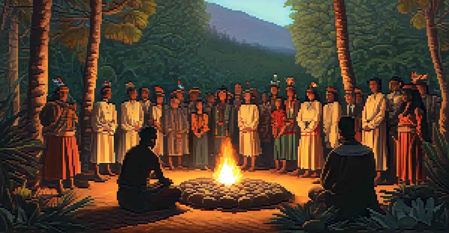 An Indigenous ceremony in a forest, with participants gathered around a fire and peyote cacti.