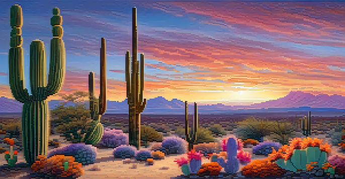 A peaceful desert scene at sunset with peyote cacti in the foreground, showcasing vibrant colors in the sky.