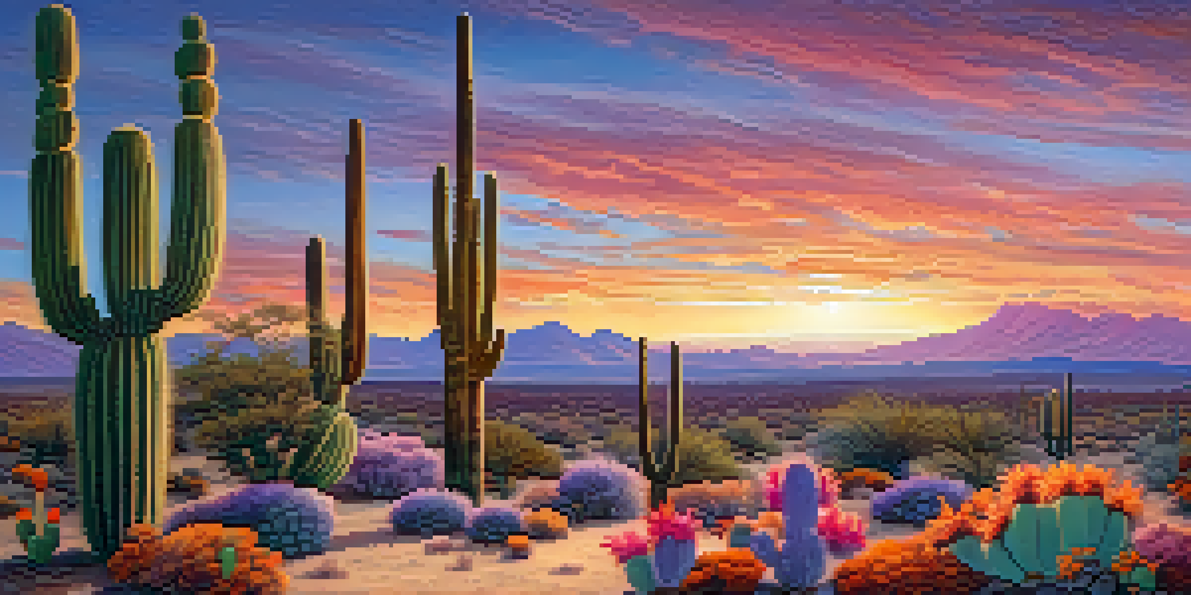 A peaceful desert scene at sunset with peyote cacti in the foreground, showcasing vibrant colors in the sky.