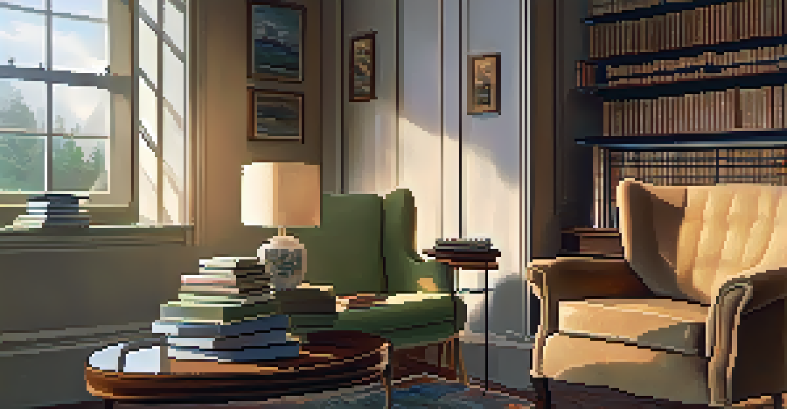 A warm and cozy room with an armchair, books, and a cup of tea, illuminated by natural light.