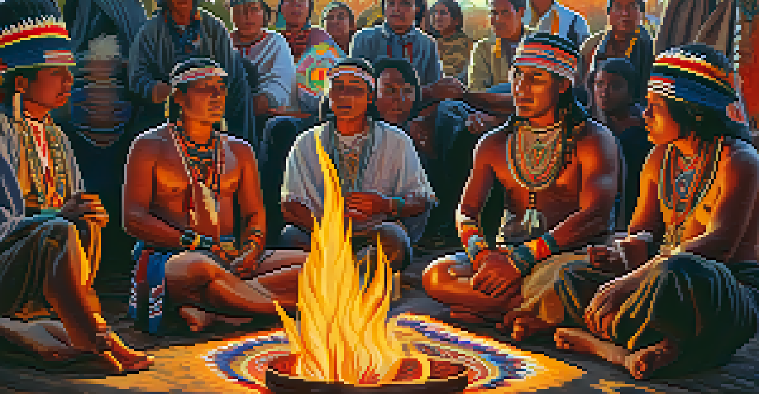 Participants in traditional attire holding peyote during a ceremonial gathering around a fire, illuminated by flickering flames.