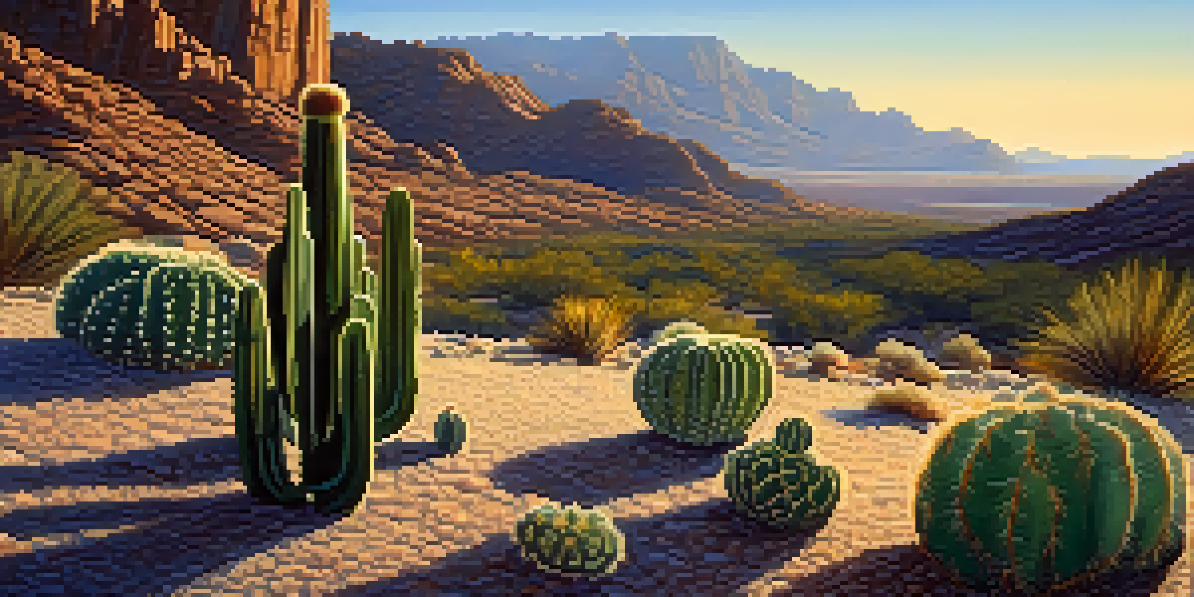 A peaceful desert scene with a small peyote cactus surrounded by rocky ground, illuminated by soft golden sunlight.