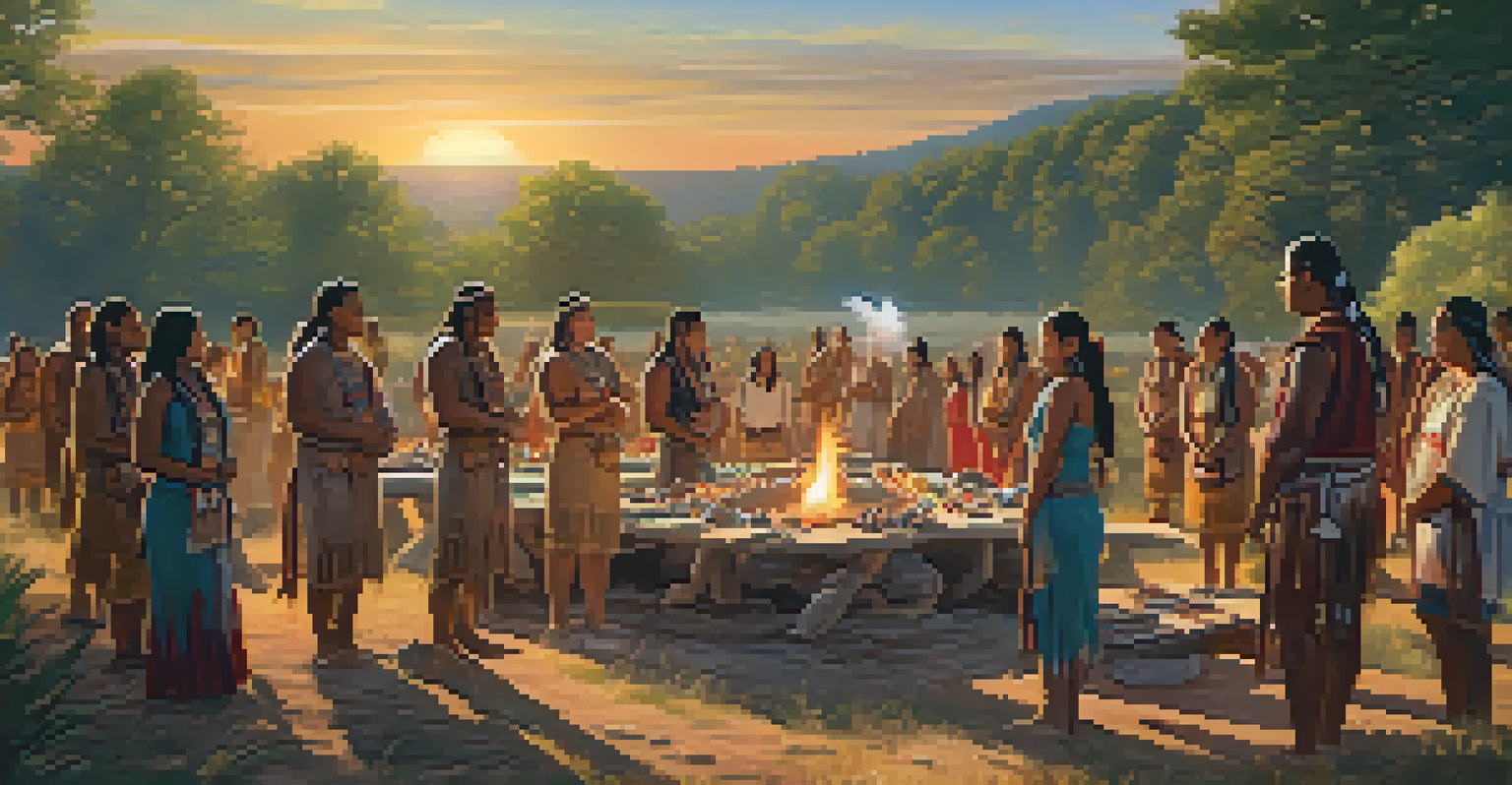 A vibrant Native American gathering celebrating spirituality, showcasing gender balance among participants in a lush landscape.