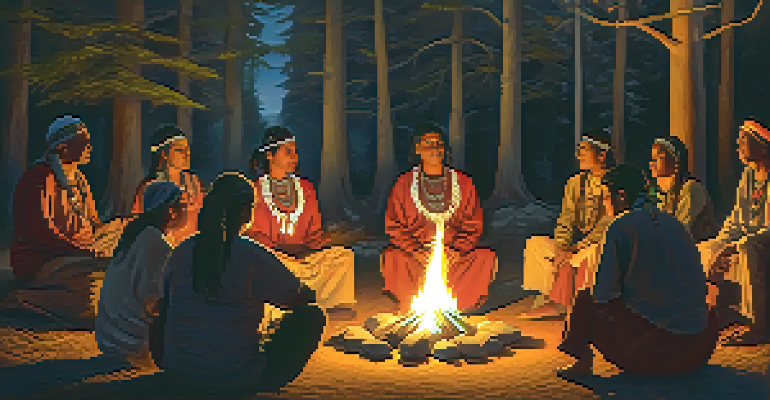Indigenous people in traditional attire gathered around a fire for a ceremony under a starry sky.