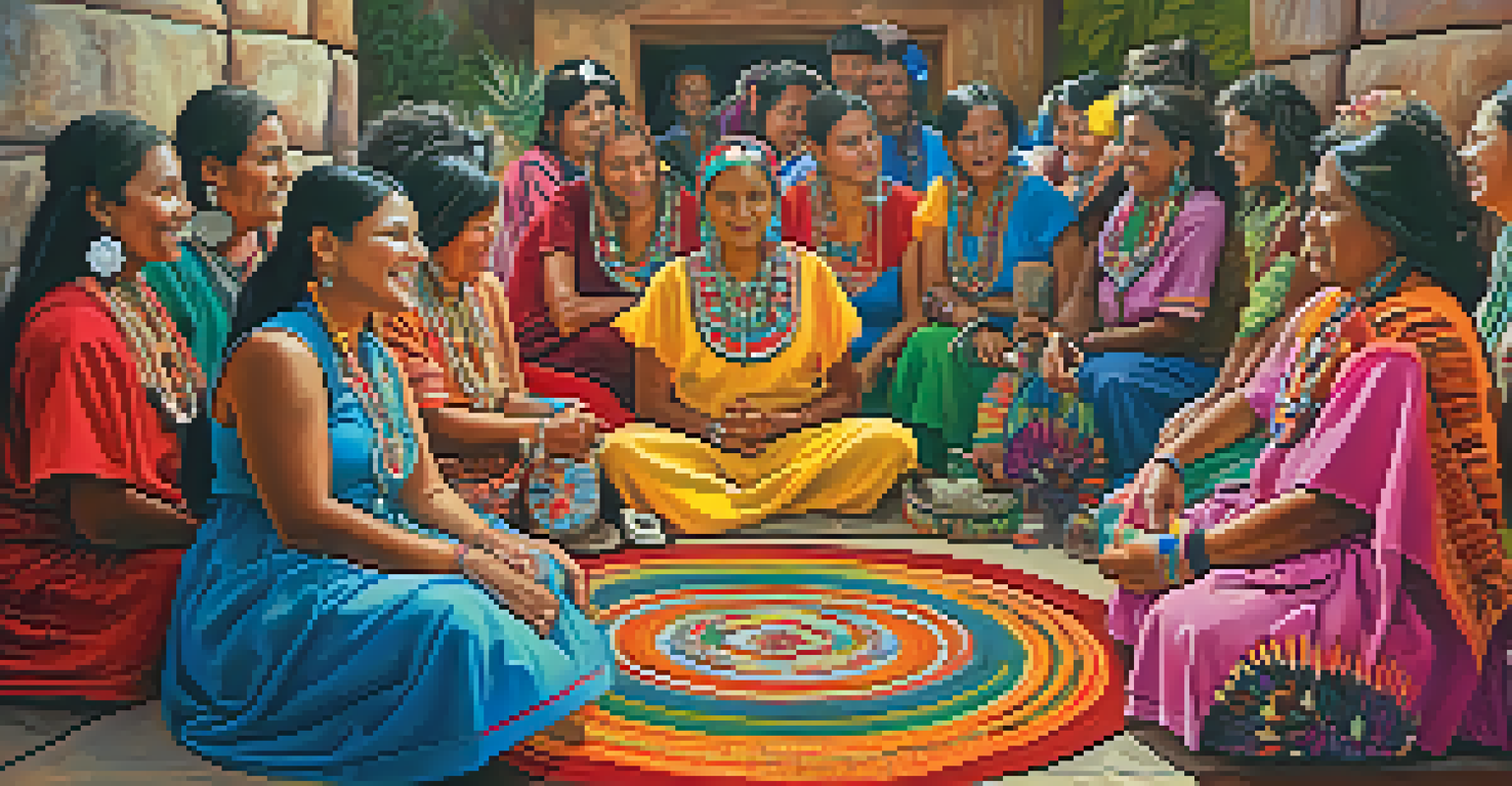 A lively community gathering of women in colorful traditional garments, sharing stories and wisdom about peyote rituals, surrounded by symbolic decorations.