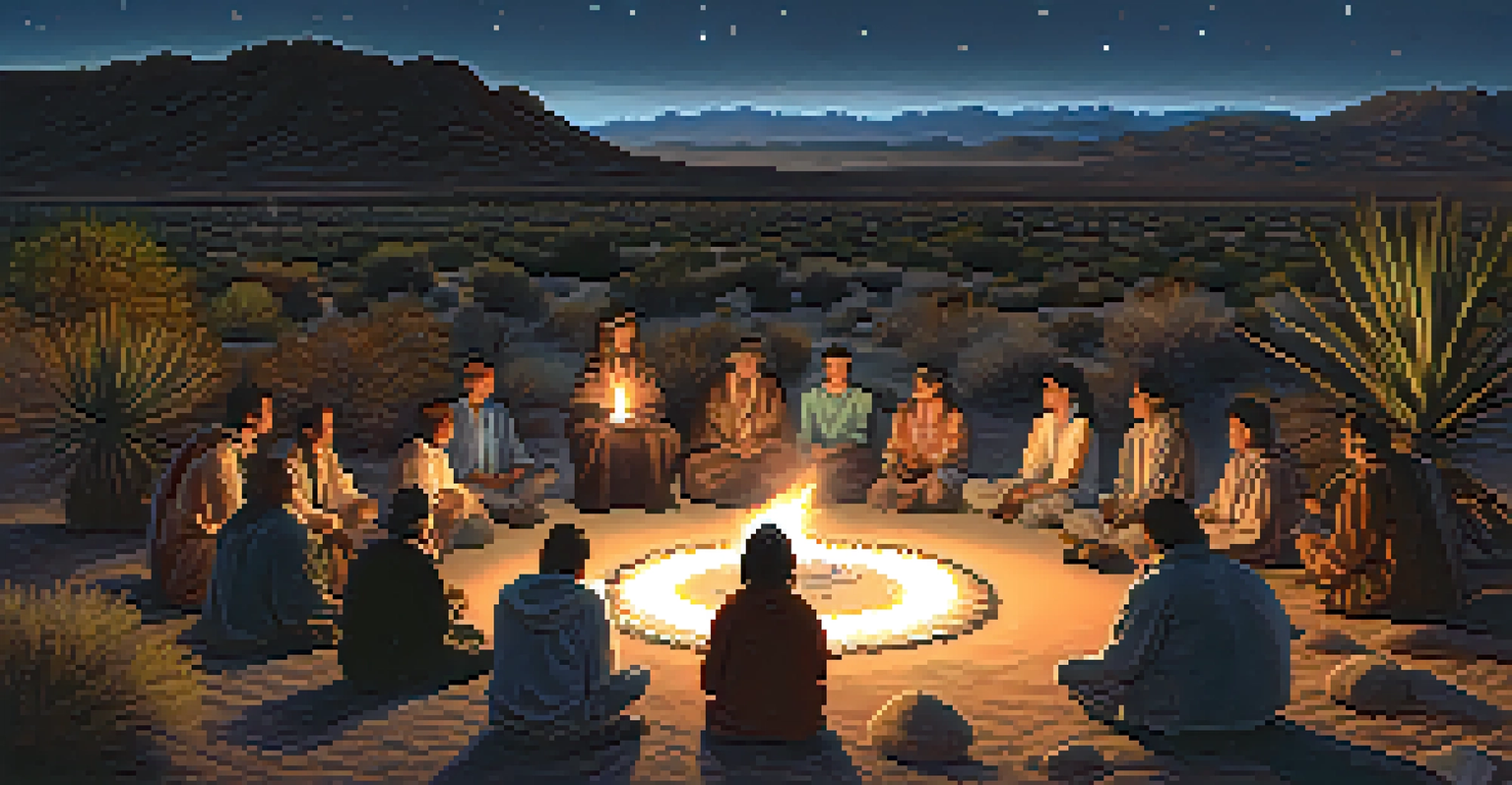A group of people gathered in a circle for a peyote ceremony at night, with candles and a fire creating a warm glow against the starry sky.