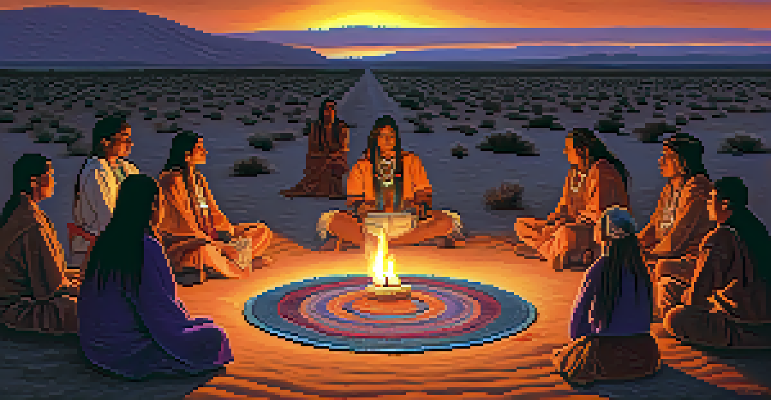 A Native American ceremony with people sitting in a circle around a fire at sunset.