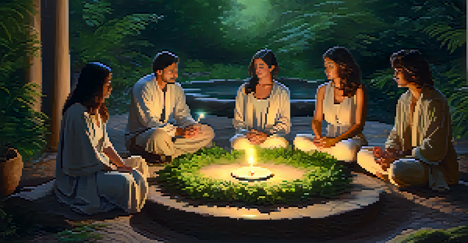 A group of people sitting in a circle, reflecting together in a warm, candlelit environment surrounded by nature.
