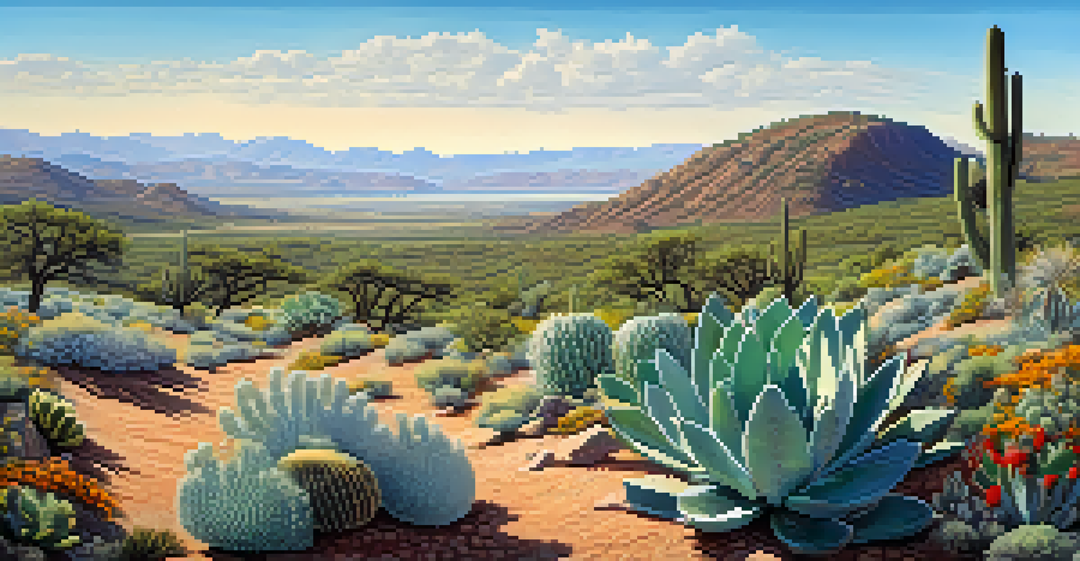 A wide view of a natural habitat with peyote cacti and wildflowers under a blue sky.