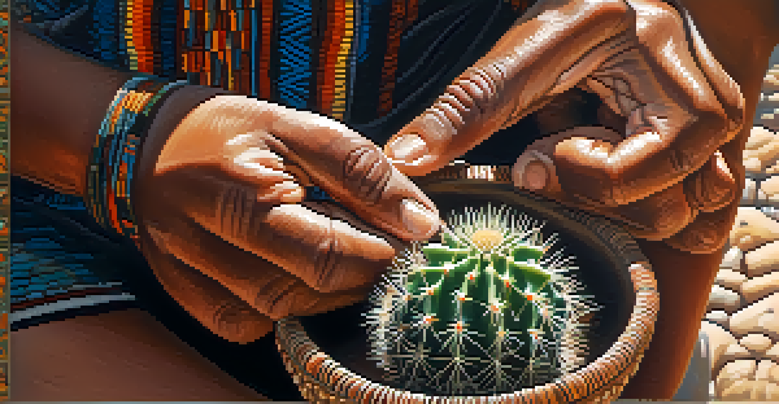 A close-up of an Indigenous person gently holding a Peyote cactus, showcasing the texture of the cactus with a blurred natural background.
