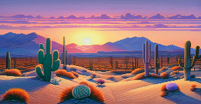 A tranquil desert scene at dusk with a colorful sunset and a cluster of peyote cacti in the foreground.