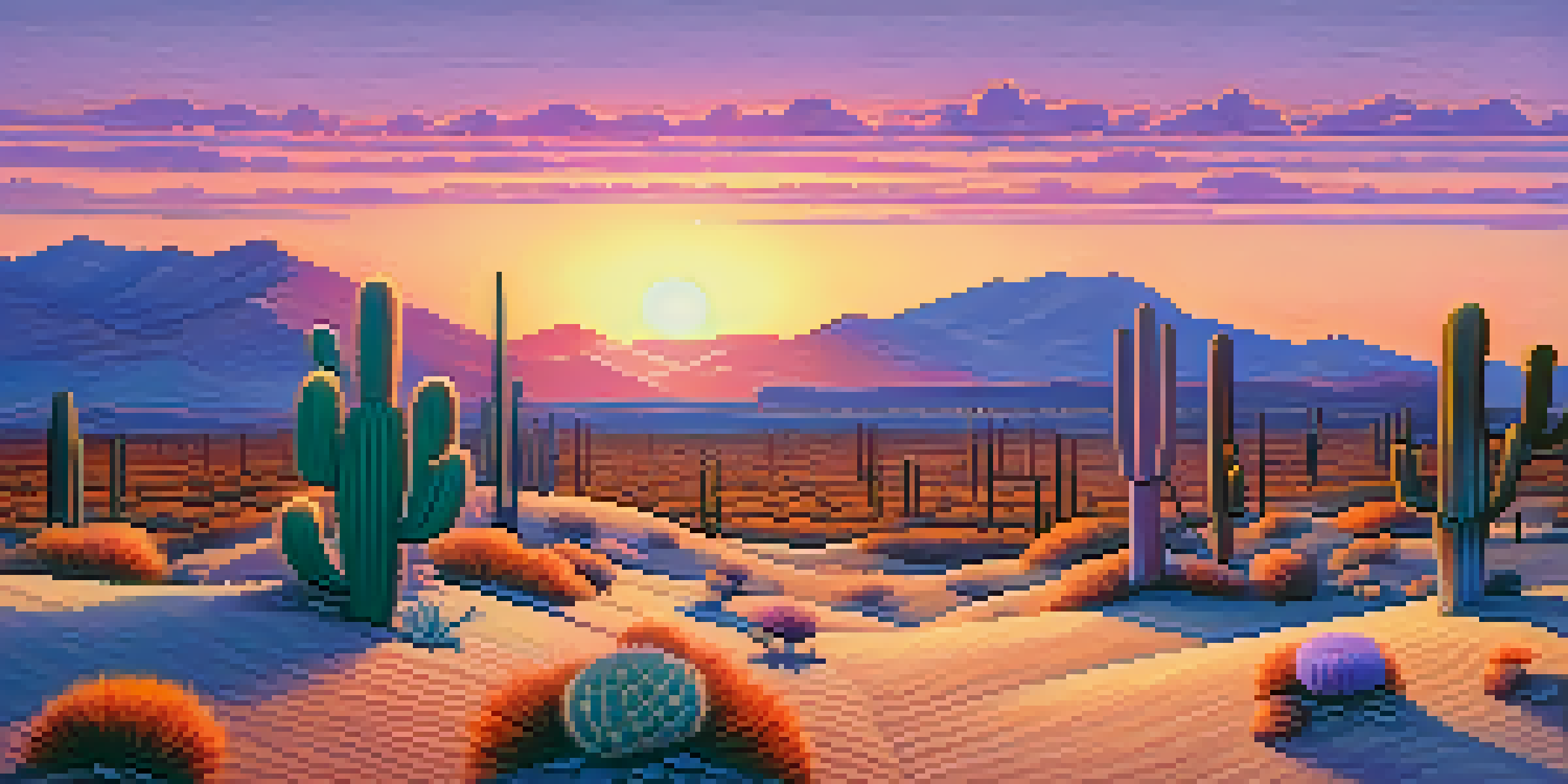 A tranquil desert scene at dusk with a colorful sunset and a cluster of peyote cacti in the foreground.