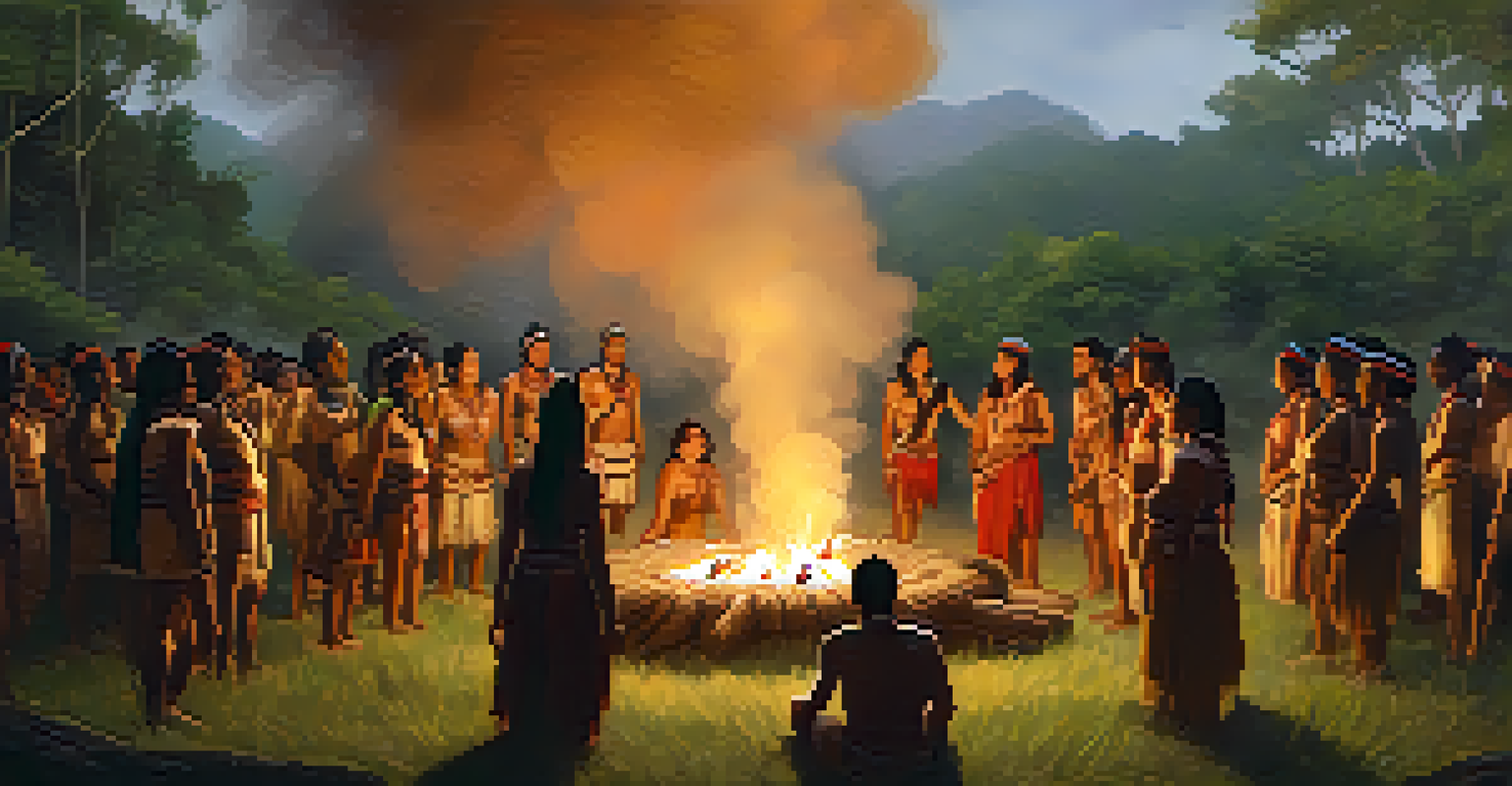 Indigenous individuals participating in a traditional ceremony in a forest, holding hands in a circle around a central fire.