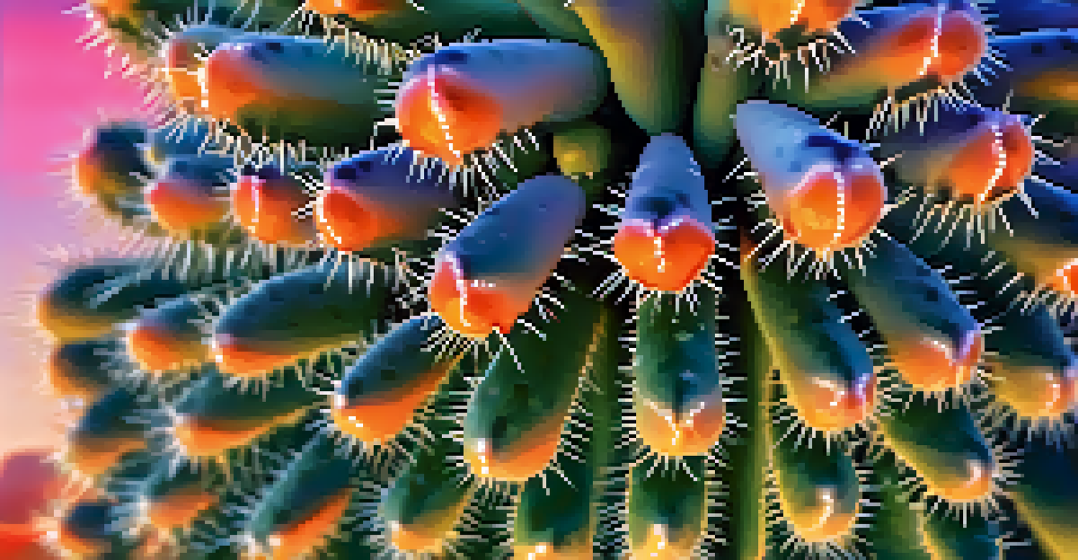 A close-up of a peyote cactus with a colorful sunset background, highlighting its texture and natural beauty.