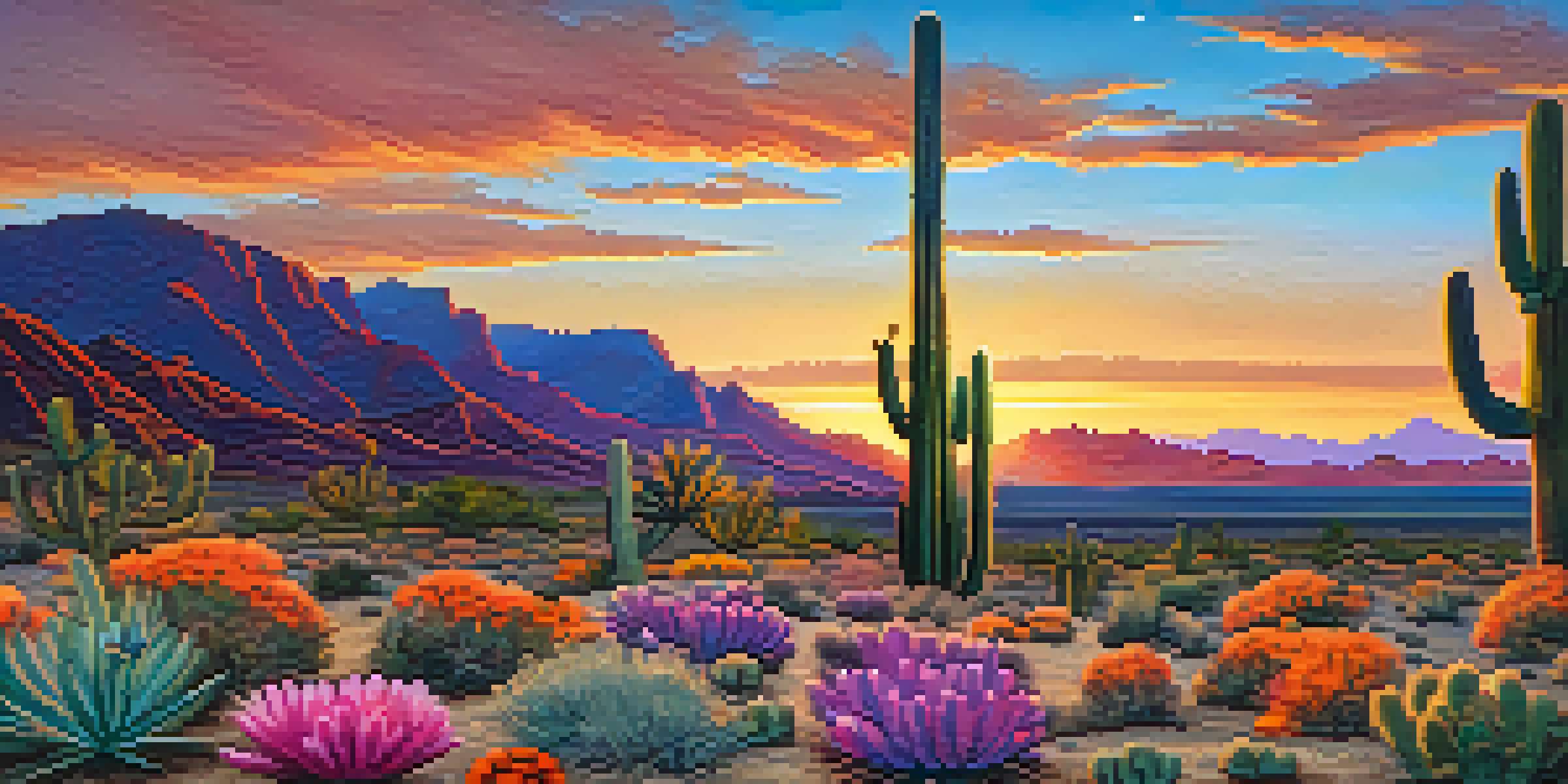 A small cactus in the desert during sunset with colorful flowers and mountains in the background.
