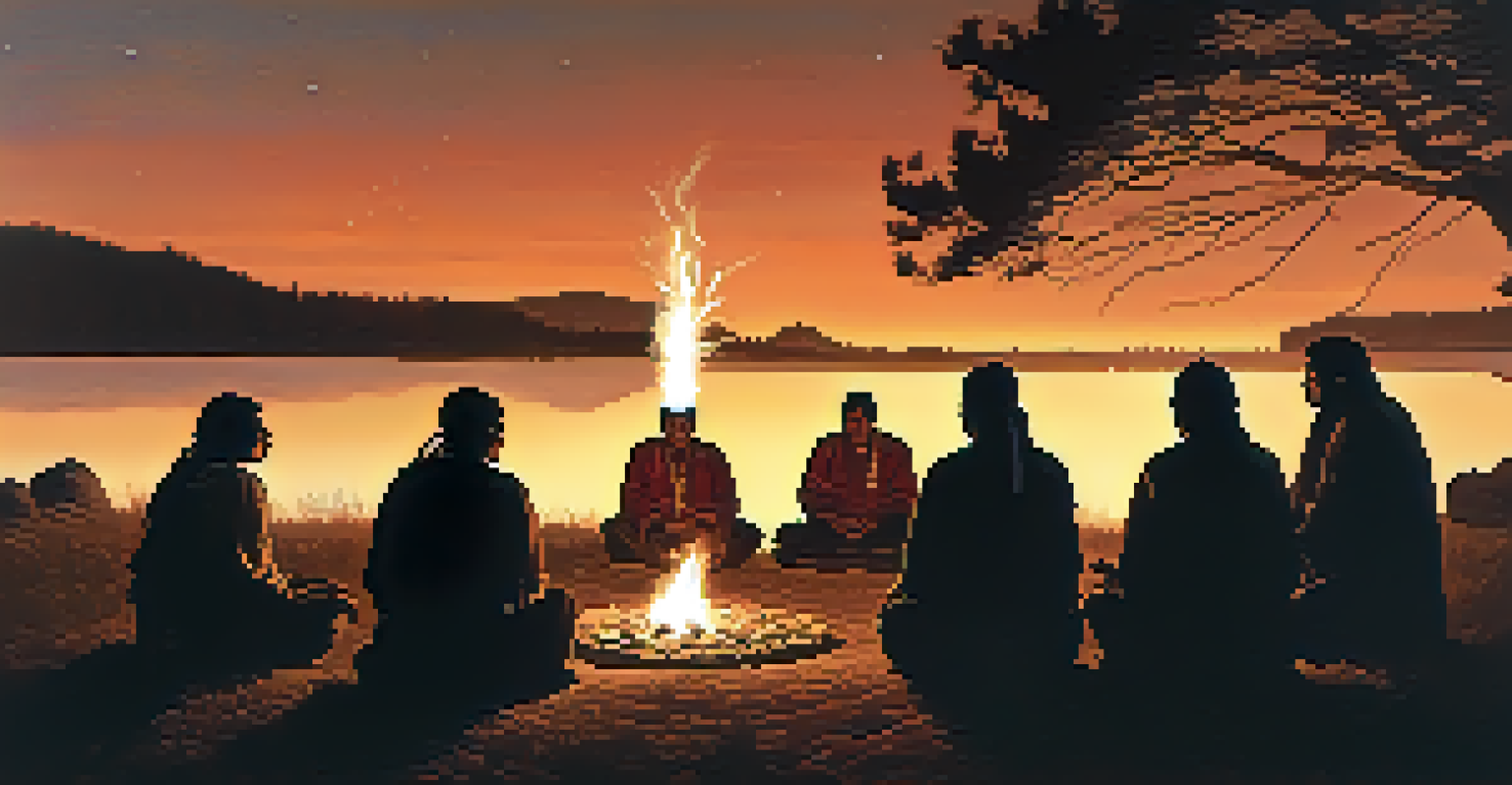 An indigenous spiritual ceremony at dusk with participants around a fire, illuminated by warm flames.