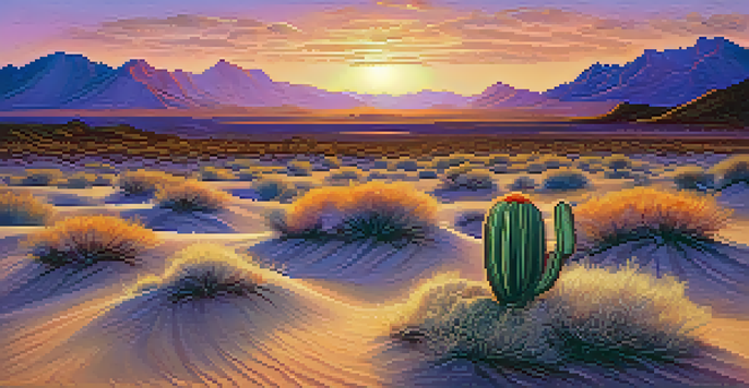 A tranquil desert scene at sunset featuring a small peyote cactus in the foreground and colorful skies above.