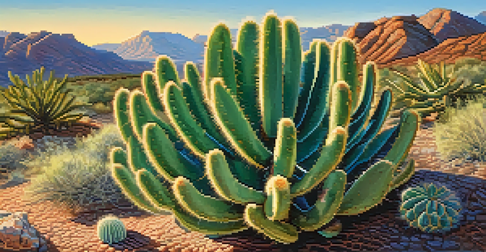 A close-up of a Peyote cactus in a desert setting, with warm sunlight and distant mountains in the background.
