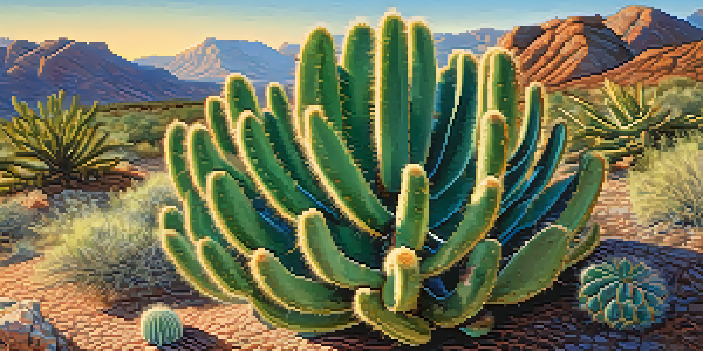 A close-up of a Peyote cactus in a desert setting, with warm sunlight and distant mountains in the background.