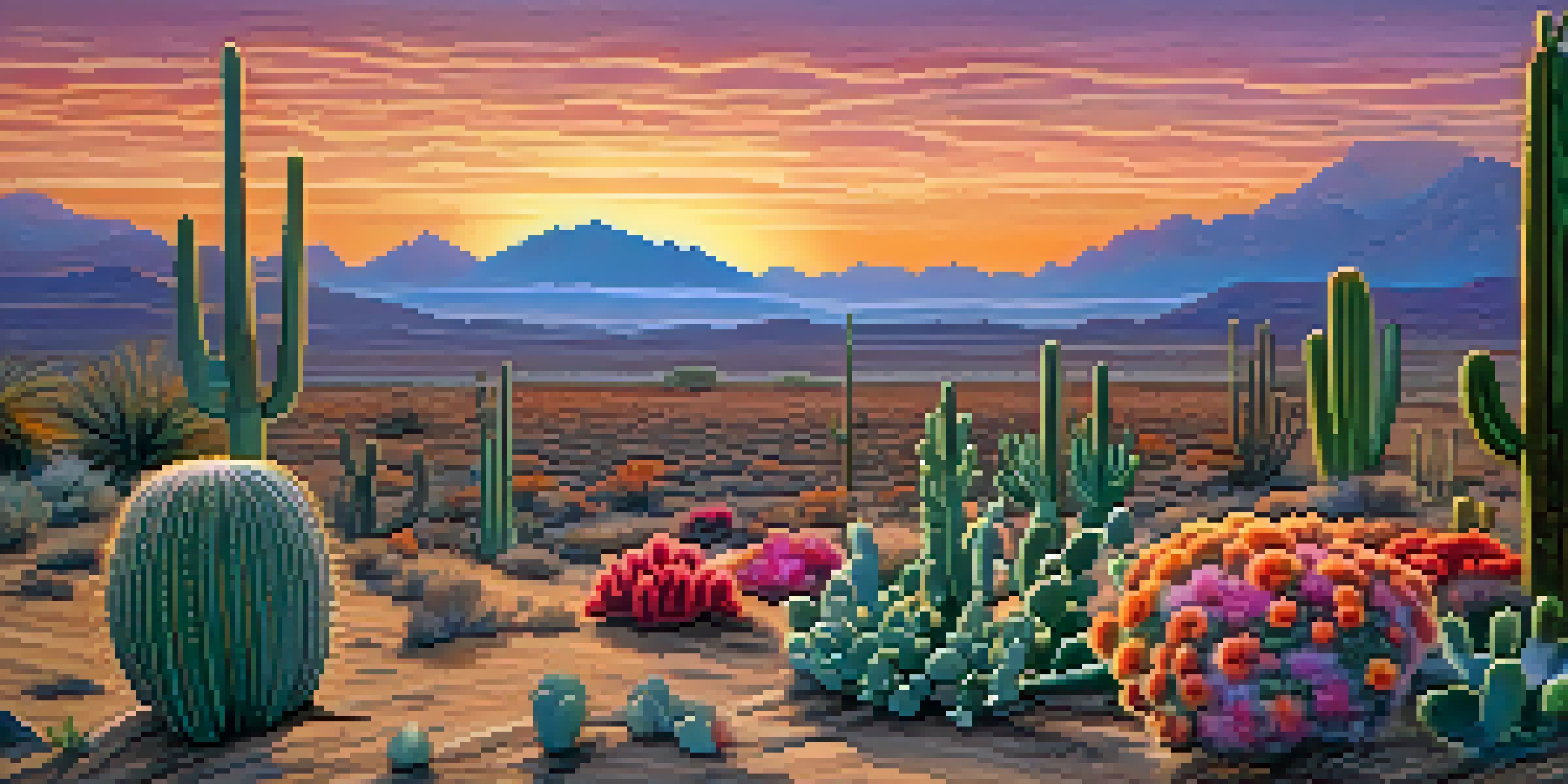 A tranquil desert landscape featuring peyote cacti at sunset, with a colorful sky and distant mountains.