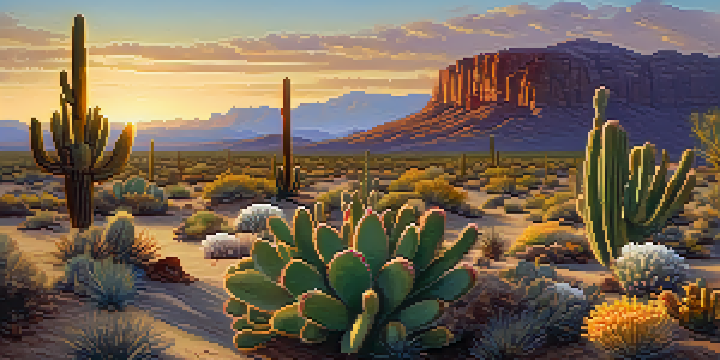 A peyote cactus in a colorful desert landscape at sunset.