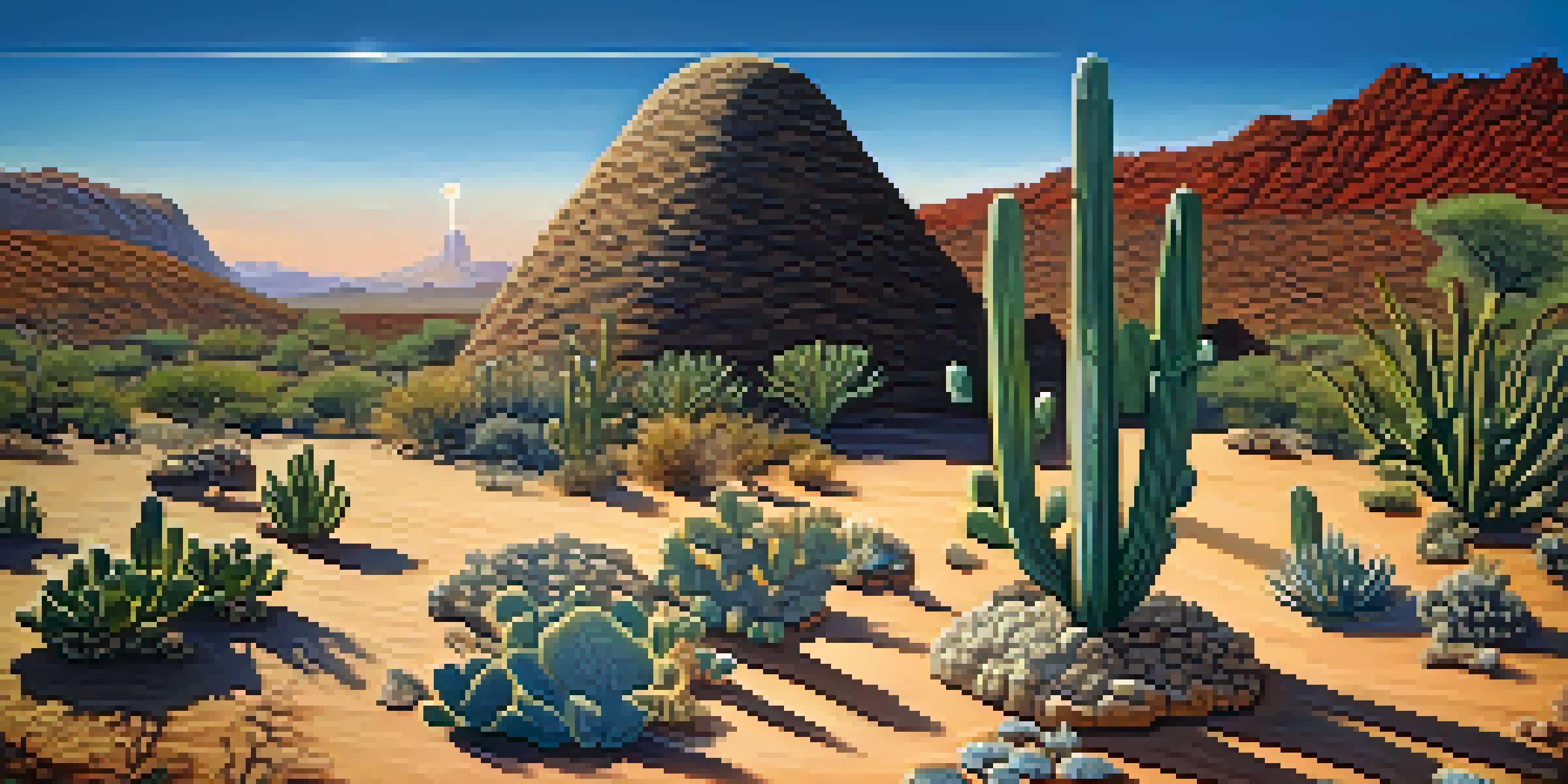 A tranquil desert landscape with peyote cacti and indigenous people participating in a spiritual ceremony during sunset.