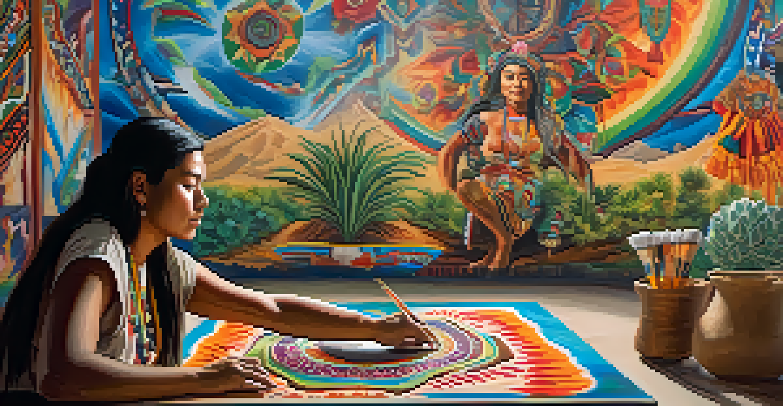 An Indigenous artist painting a vibrant mural about the spiritual significance of peyote in a well-lit studio filled with art supplies.