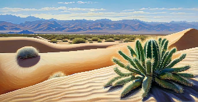 A peaceful desert scene with a peyote cactus in front of sand dunes and distant mountains under a clear blue sky.